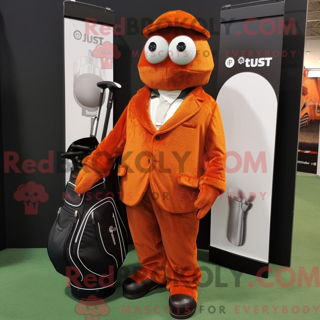 Maskottchen-Charakter REDBROKOLY einer rostfarbenen Golftasche mit Anzug und Clutch