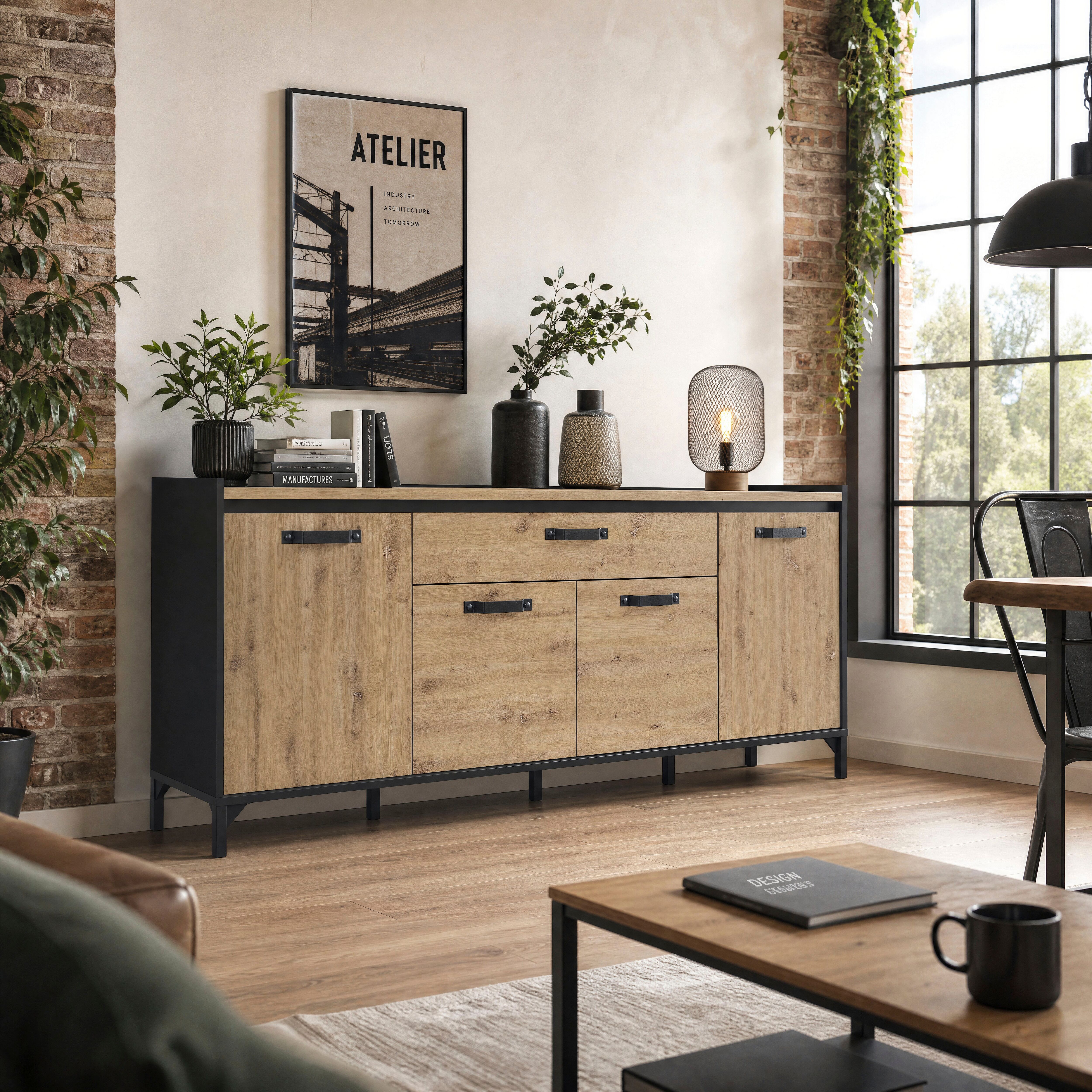 Sideboard GAMI "CAMDEM", braun (eiche artisan, schwarz), B:182cm H:78cm T:41cm, Spanplatte, Sideboards, Sideboard, Praktisch und sehr funktional eiche artisan, schwarz B/H/T: 182cm x 78cm x 41cm, 2 Einlegeböden,1 Ablage, 1 Stk., Kiefer, 4 Stk.