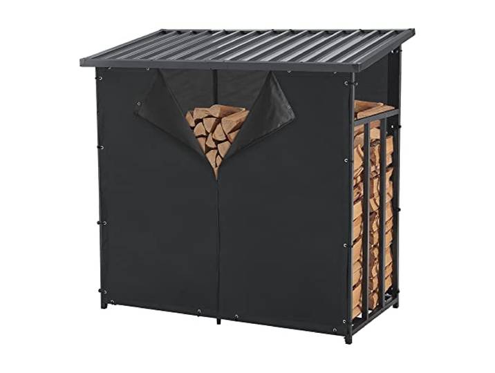 casa.pro Kaminholzregal Yakutat Brennholzunterstand außen Brennholzlager Holzstapelhilfe Brennholzregal mit Abdeckung Kaminholzständer Metall 145 x 143 x 70 cm Schwarz