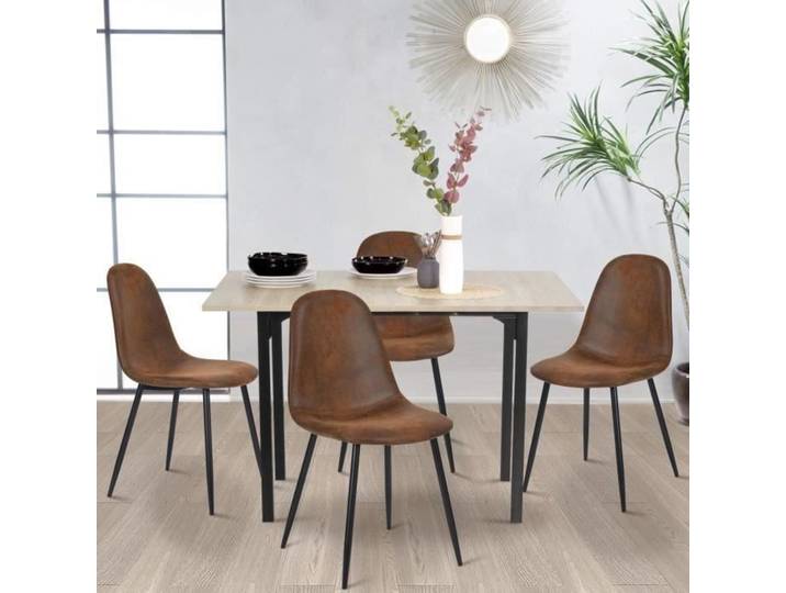MEUBLES COSY Lot de 4 Chaises Scandinave Design Tissu en Daim Marron Pied Métal Noir Salle à manger(CHAISE UNIQUEMENT)