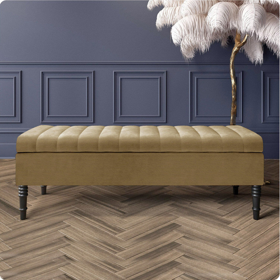 R&M Furnishers Safar Striped Ottoman Storage Bench – Upholstery Naples Shoe Bench with Black Turned Wooden Legs Brown