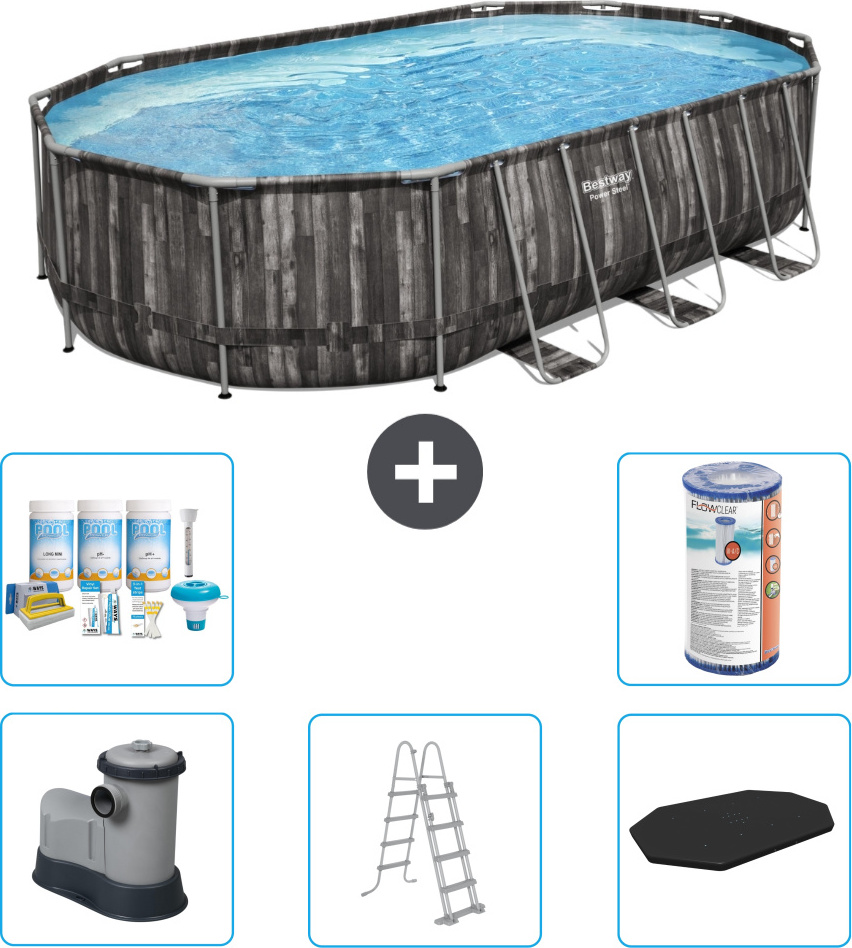 Bestway Oval Power Steel Swimmingpool - 610 x 366 x 122 - Grau - inklusive Pumpe - Leiter - Abdeckung Wartungspaket - Filter