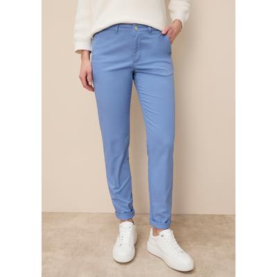 Chinohose TAMARIS "mit hohem Tragekomfort", Damen, Gr. 38, N-Gr, blau (blaugrau), Web, Obermaterial: 98% Baumwolle, 2% Elasthan, unifarben, Basic, figurbetont knöchelfrei, Hosen Chinohose, mit figurbetonter Passform