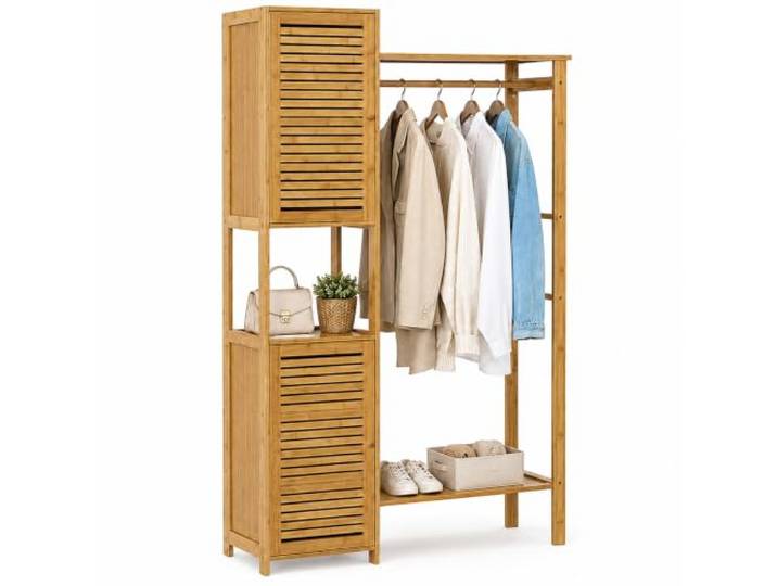 Relaxdays Porte-vêtements Bambou\, 2 Compartiments\, Tringle\, Naturel Crochets\, H x L x P : 164 x 99 x 29 cm\, portemanteau