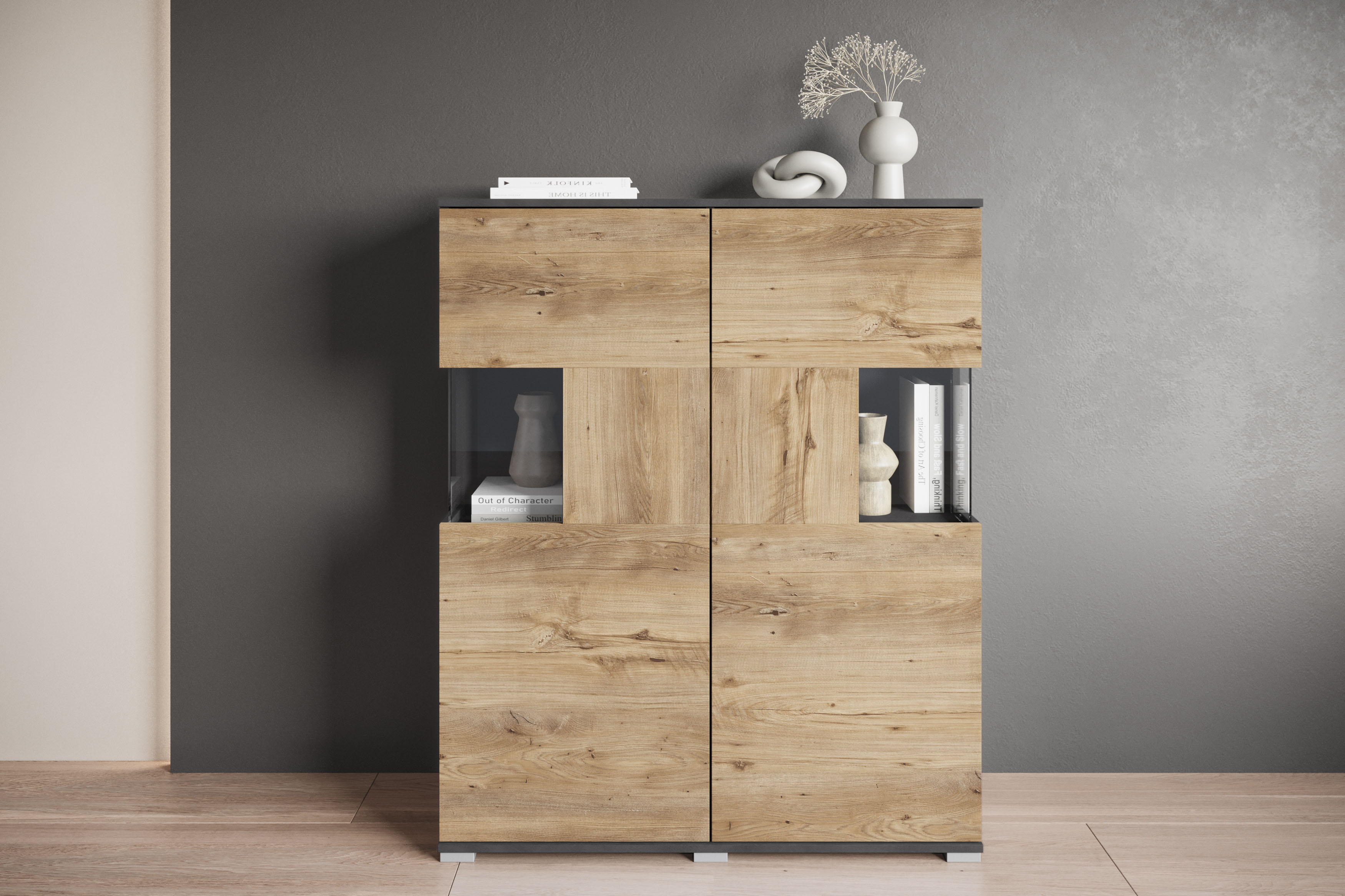 Highboard OTTO HOME "Kenia", grau (matera anthrazit, kastanie breslau), B:100cm H:120cm T:39,5cm, Sideboards, Highboard, Modernes Highboard mit Glastüren, Breite 100 cm