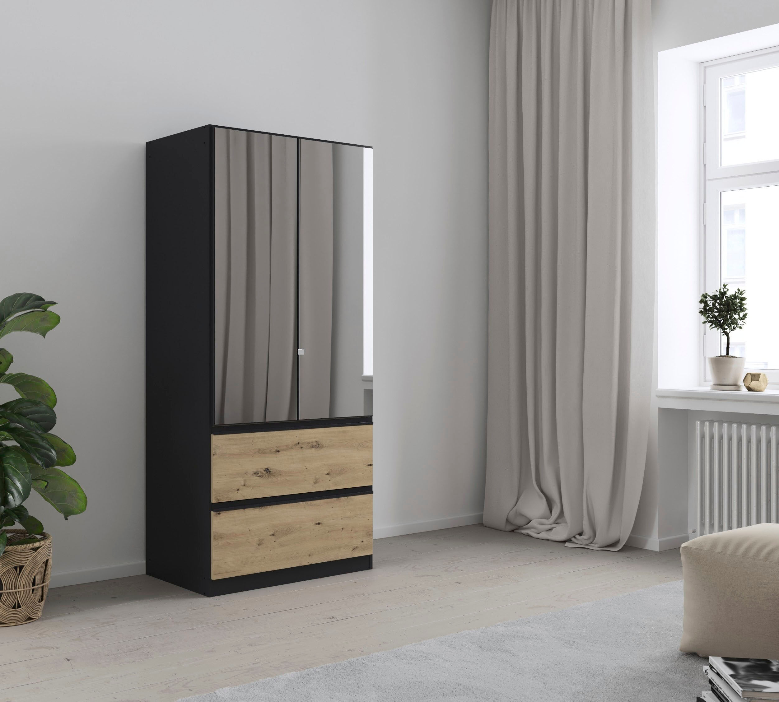 Drehtürenschrank RAUCH "Kleiderschrank Schrank Garderobe COSTA in den Breiten 91/136/181 cm", schwarz (graumetallic, eiche artisan, eingriffe graumetallic), B:91cm H:197cm T:54cm, Holzwerkstoff, Schränke, Drehtürenschrank, mit Spiegel, grifflose Front und