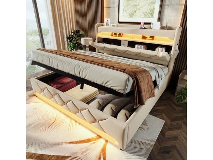FAVSH Polsterbett Doppelbett 180x200 cm, Stauraumbett Bett mit USB Type-C Port und Einstellbar Stauraum Kopfteil, LED Hydraulisches Bett Stauraumbett Jugendbett,Leinen, ohne Matratze (Beige)