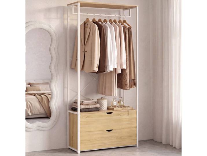 IDMARKET Dressing penderie 2 tiroirs L. 80 cm DETROIT design industriel bois et métal blanc