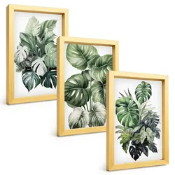 BILDER SET 3er Set - 20x30 cm Goldrahmen - Aquarell von grünen tropischen Blättern