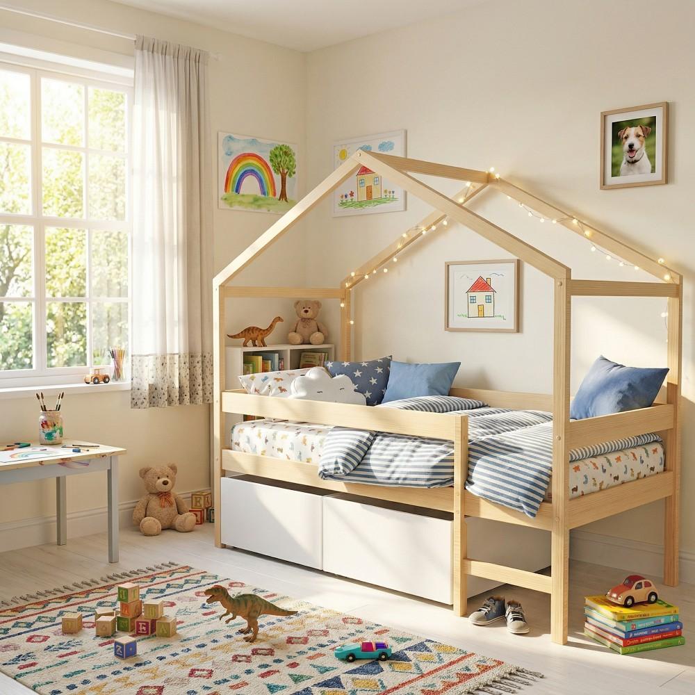 Hausbett MIKA mit Matratze und Schublade/ Kinderbett 90x190 - Naturfarbe & Weiß