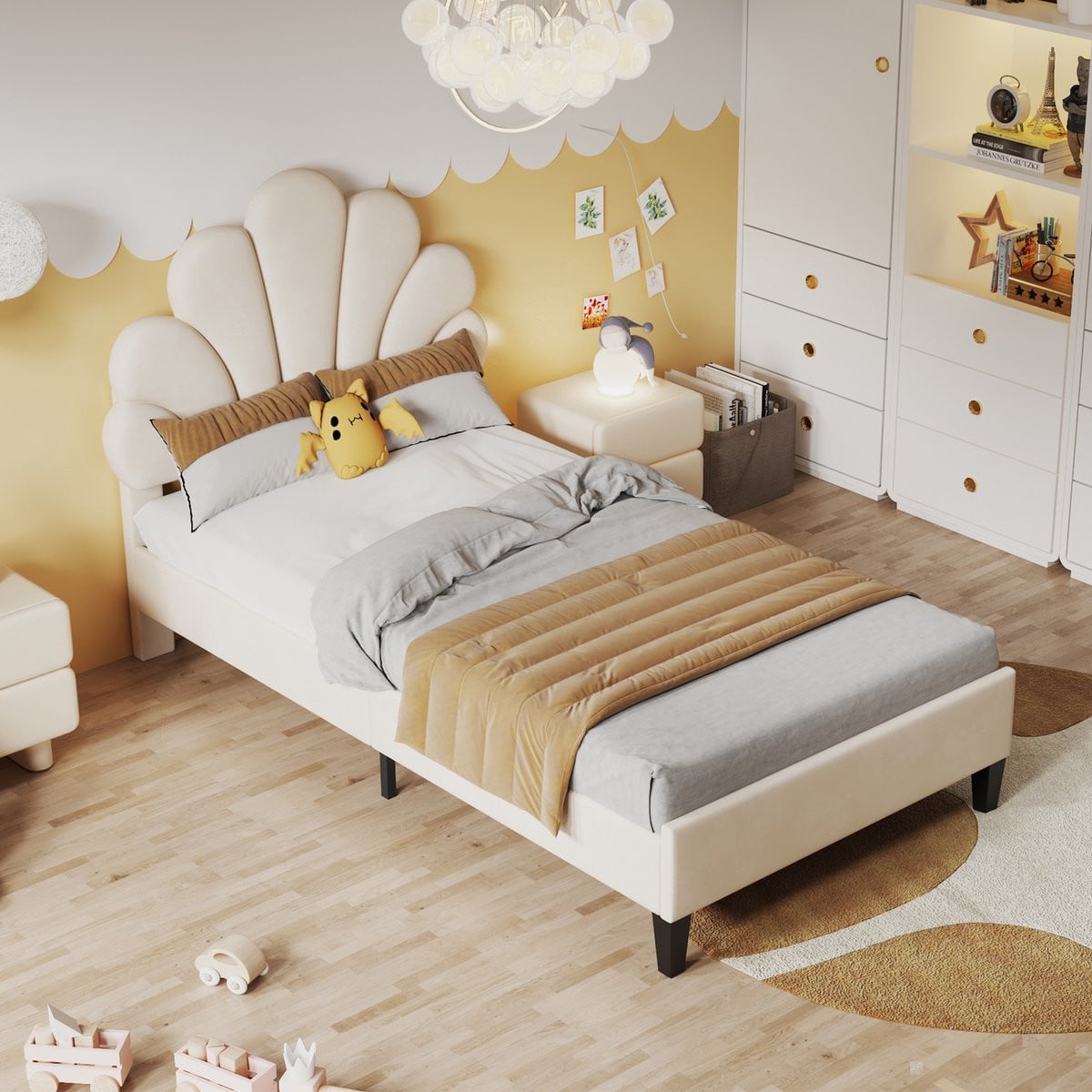 MODFU Bedframe met bloemvormig hoofdbord en lattenbodem, Beige fluweel, 90x200 cm