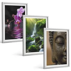 BILDER SET 3er Set - 40x60 cm Silberner Rahmen - Blumen, Wasserfall, Buddha-Felsen, Zen