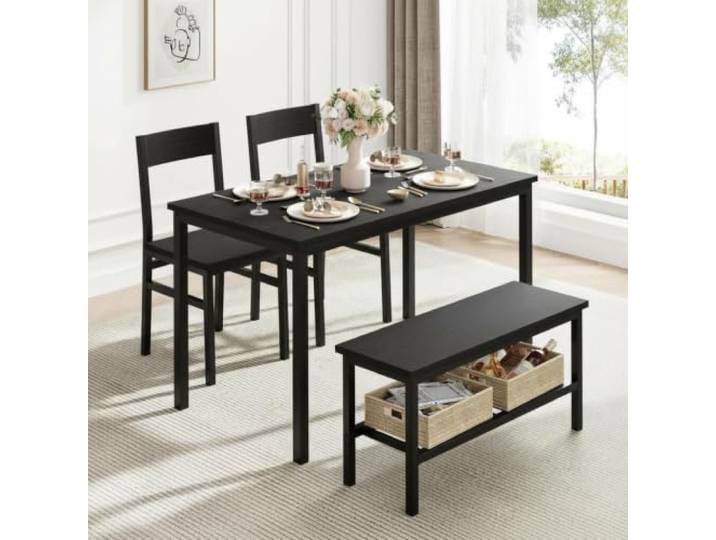 Koioplie Platzsparende Essgruppe für 4 Personen Esstisch-Set mit 2 Stühlen Sitzbank Ablage Stauraumregal Metallgestell modern für kleine Wohnung Schwarz