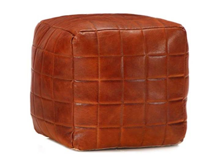 TUERYAFEK Pouf Hellbraun 40 x 40 cm Echtes Ziegenleder Runder Lederhocker, Baumwollfüllung, Fußablage für Sofa und Sessel, dekorativ