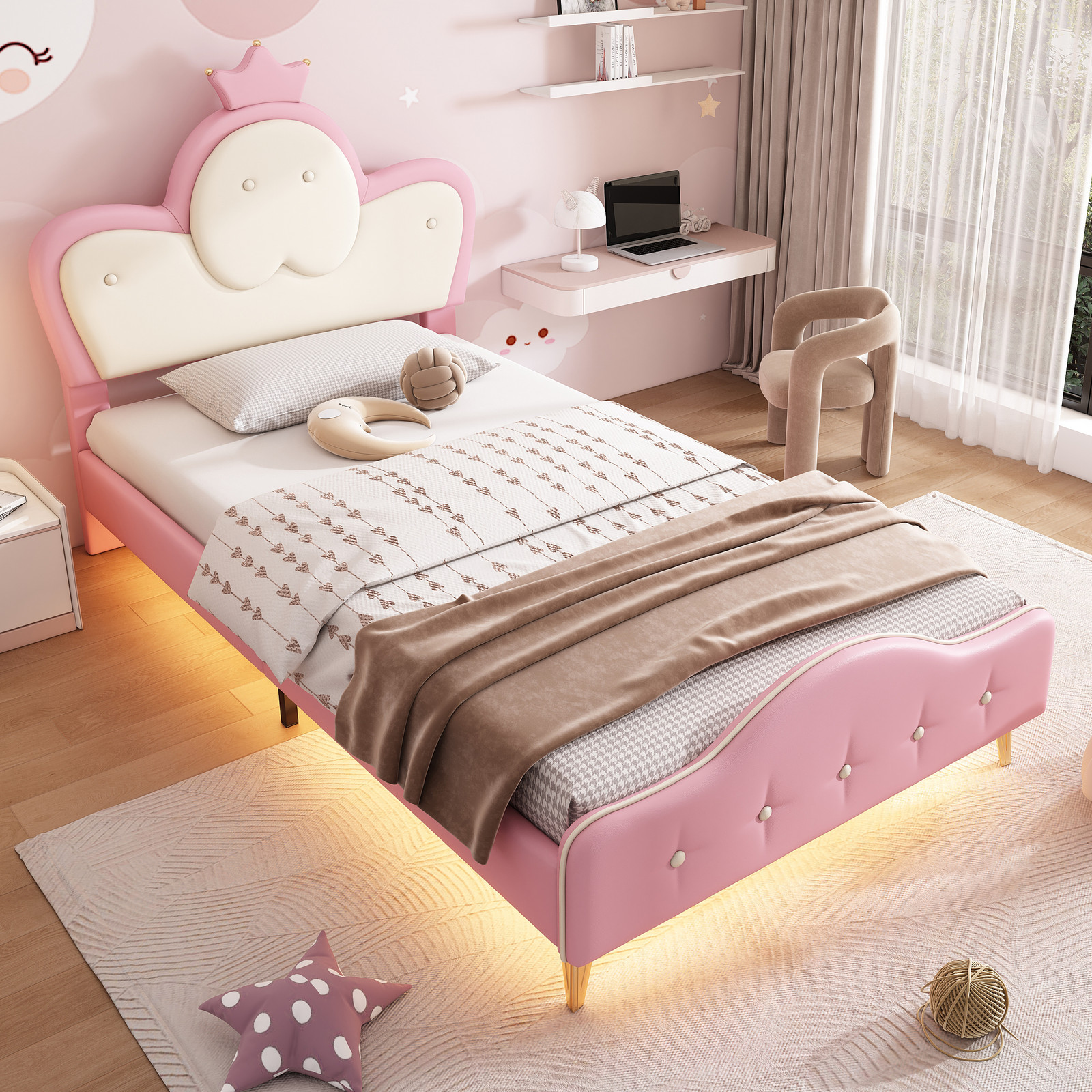 STILVORA Krone gestoffeerd eenpersoonsbed met opbergruimte en LED-verlichting, roze, 90 x 200 cm