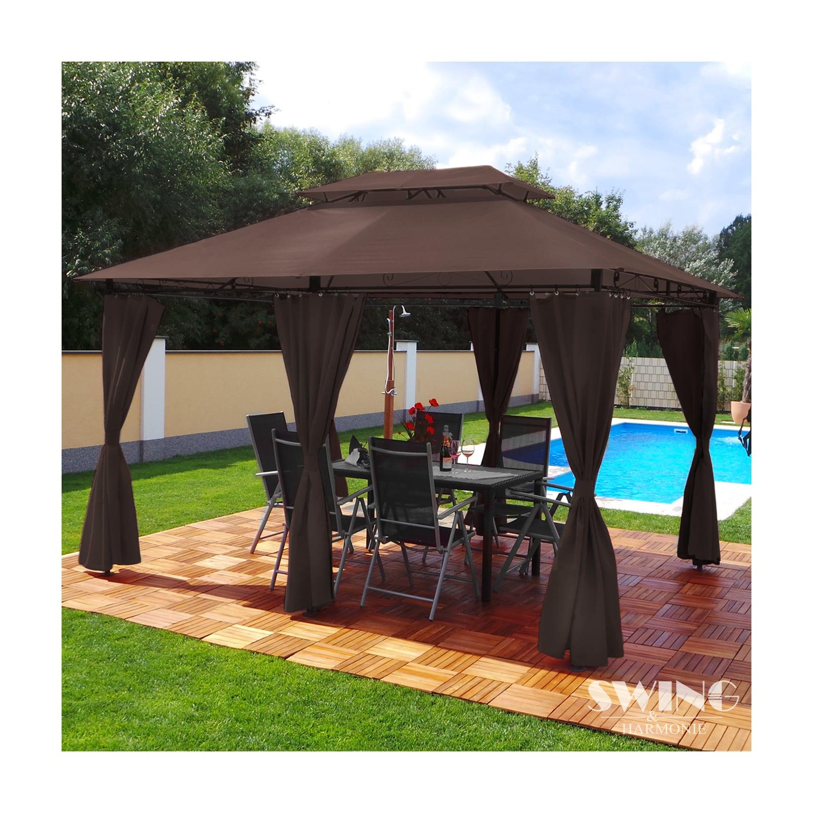 Swing&Harmonie Luxus LED - Pavillon 3x4m Minzo - inkl. Seitenwände mit LED Beleuchtung + Solarmodul Gartenpavillon, braun