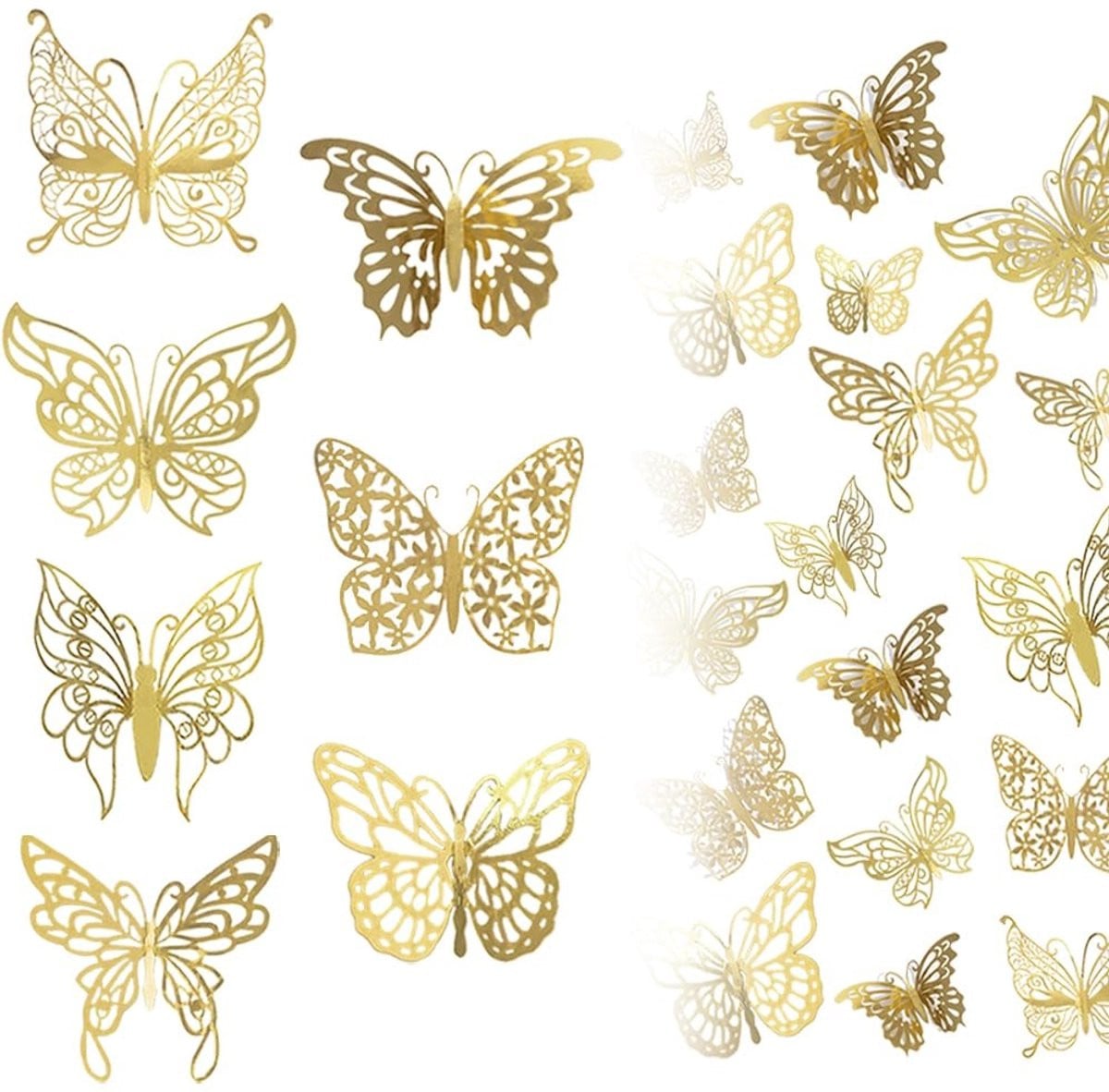 Dailygoods Wanddecoratie 84 Stuks - 3D Gouden Vlinders - Verwijderbare Muurstickers