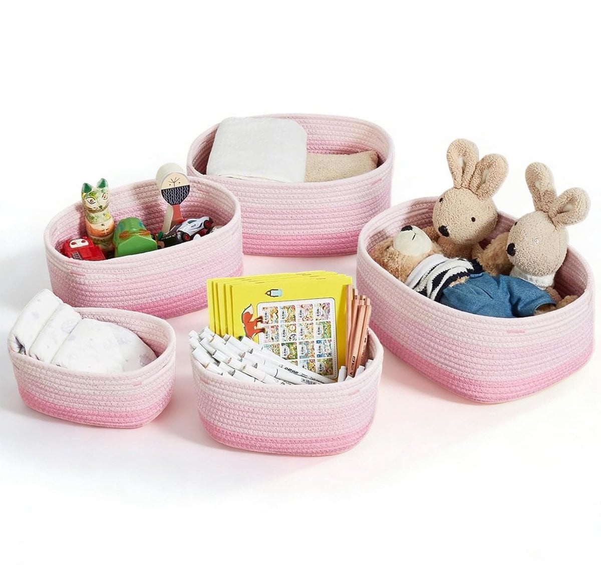 Dailygoods Opbergbak set van 5 - Katoenen touw - Roze kleurverloop - Decoratieve opbergmanden