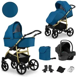 Kunert, Kinderwagen, MATA 3in1 Kinderwagen in Blau/Marine mit Goldrahmen – sicherer und komfortabler Kinderwagen