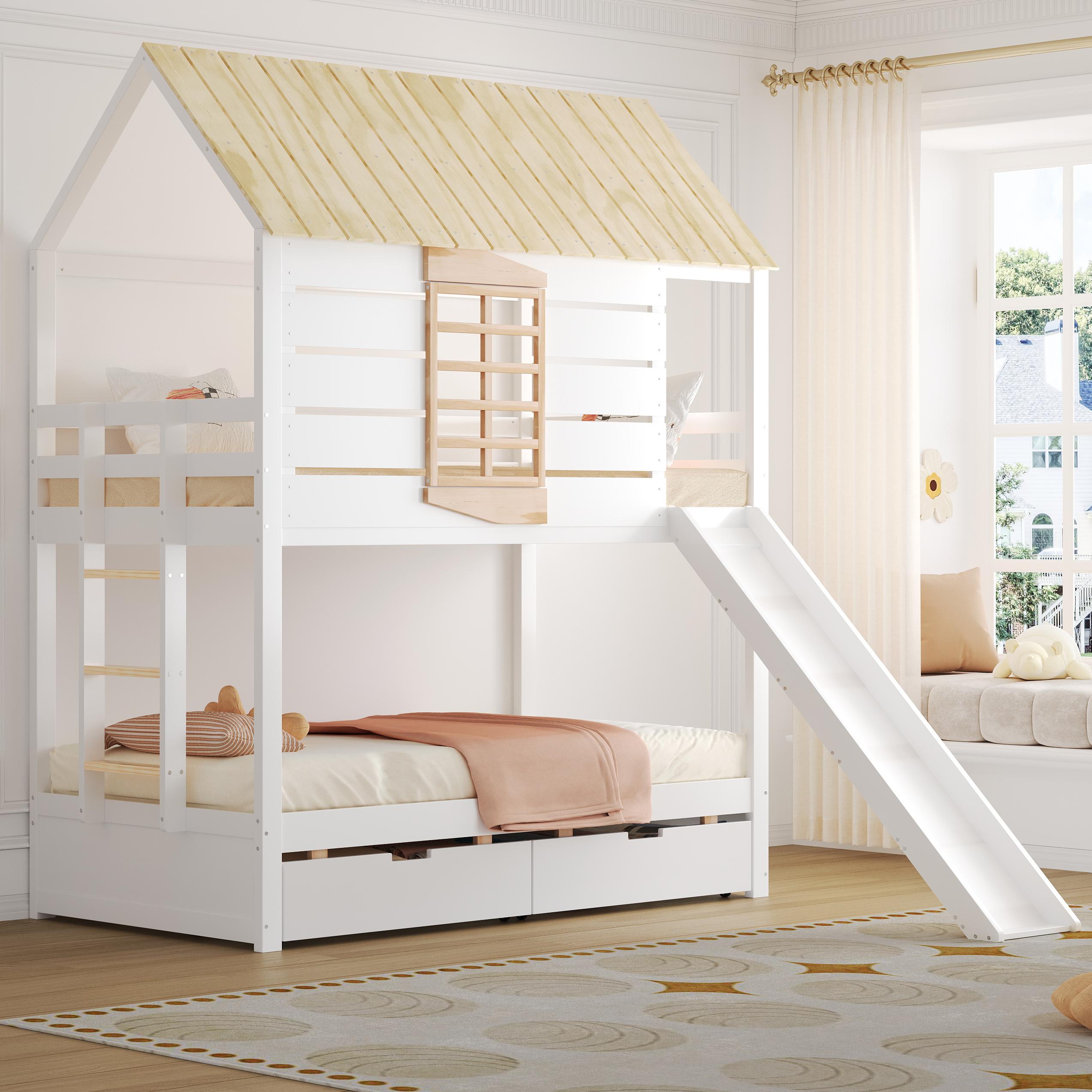 MODFU Etagenbett 90X200 Kinderbett Bettrahmen mit zwei Aufbewahrungsschubladen,Einzelbett Kinderbett ohne Matratze mit Rutsche und herzförmigem Fenster,Weiß+Natur