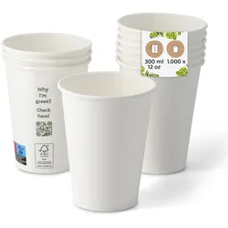 BIOZOYG 1000 Stück kompostierbare Einwegbecher 300ml / 12oz Pappbecher, Trinkbecher, Wegwerfbecher, Getränkebecher, einwandig, weiß, kompostierbar
