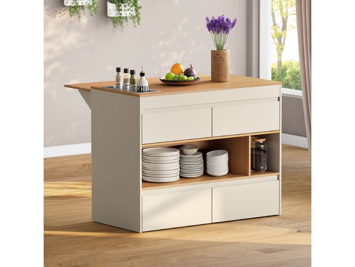 Massive Kücheninsel mit Klappe 125 x 96 x 60cm Beige