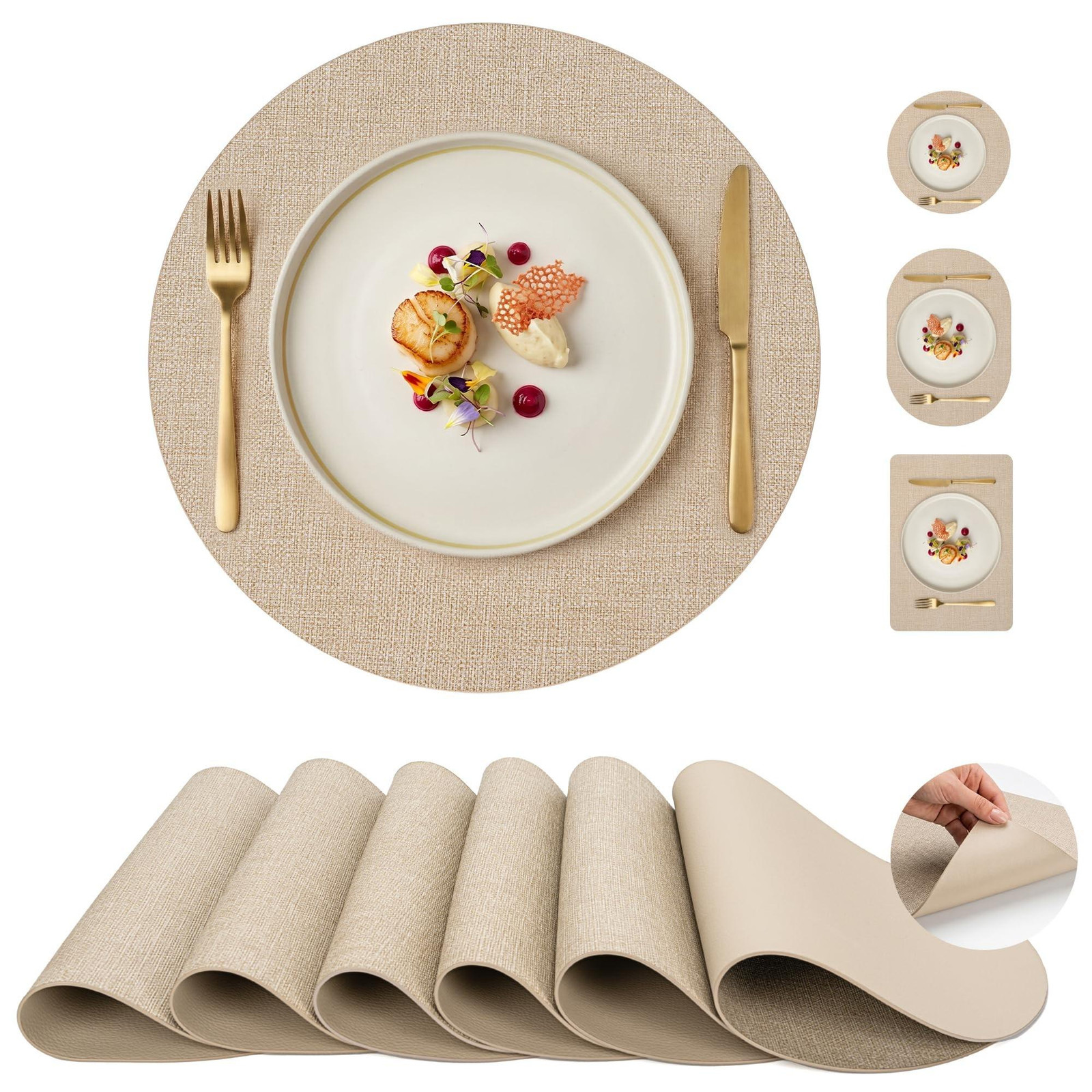 Omgoods Set van 6 Ronde Placemats van Kunstleer - Taupe