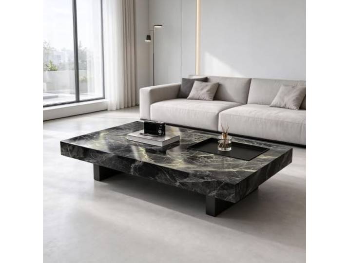 YHTCSXMD Moderner Couchtisch mit Steinplatte, Minimalistisches Design 10cm Steinplatte mit Teetablett, Wohnzimmertisch moderner Stil, Metallgestell mit Bürstefinish, für Wohnzimmer