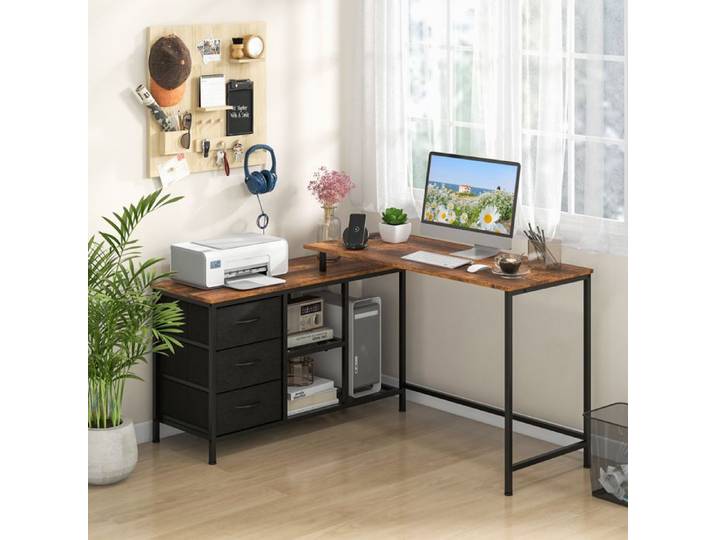 GIANTEX Bureau Informatique en Forme L-3 Tiroirs+Station de Recharge(2 Prises+ 2 Ports USB)-Table Ordinateur avec 3 Etagères-Café