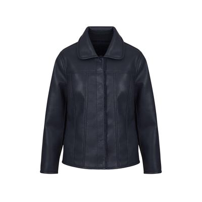 Winterjacke GOLDNER "Kurzgröße Wendejacke in Fell- und Lederoptik", Damen, Gr. 21, blau (dunkelblau), Jacken Winterjacke, Wendejacke in Fell und Lederoptik