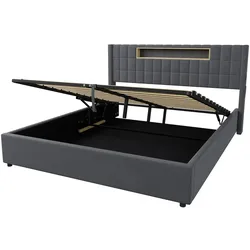 MODFU Doppelbett Samt Dunkelgrau/Grau 180 x 200 cm mit LED, Ladefunktion und Stauraum