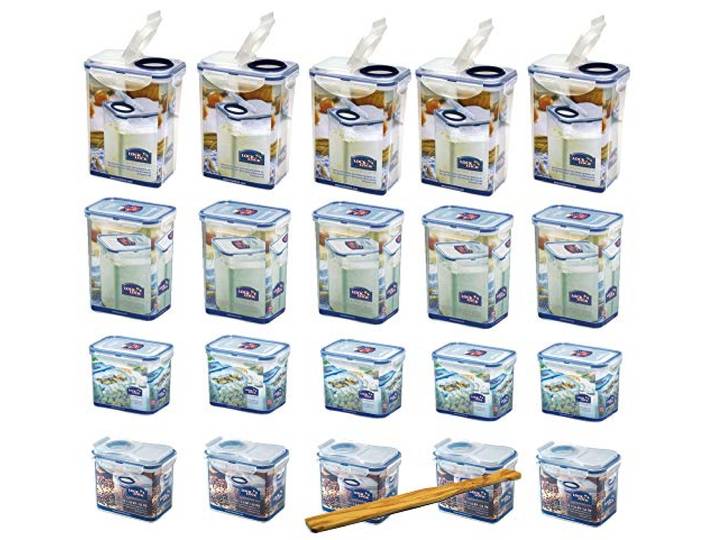 Lock&Lock Frischhaltedosen-Set gleiche Deckel 20-teilig (5x HPL812 1L, 5x HPL812F Schüttbox 1L, 5x HPL813 1,8L, 5x HPL813F Schüttbox 1,8L) stapelbar & SeleXions Multifunktion Olivenholz-Spachtel