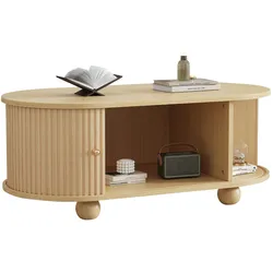 Ovaler Couchtisch 100x50x40 in Holzfarben mit Stauraum, Schiebetüren und vertikalen Streifen, ideal für kleine Wohnungen