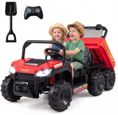 Costway 24V 2-Seater Kids Ride on Dump Truck 4WD with Electric Dump Bed and Lights-Red