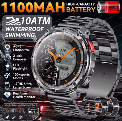 Inspire Picks 2026 T Rex3 Pro Military GPS Smartwatch 1100mAh Long Standby Rugged Outdoor Watch black Steel 2a