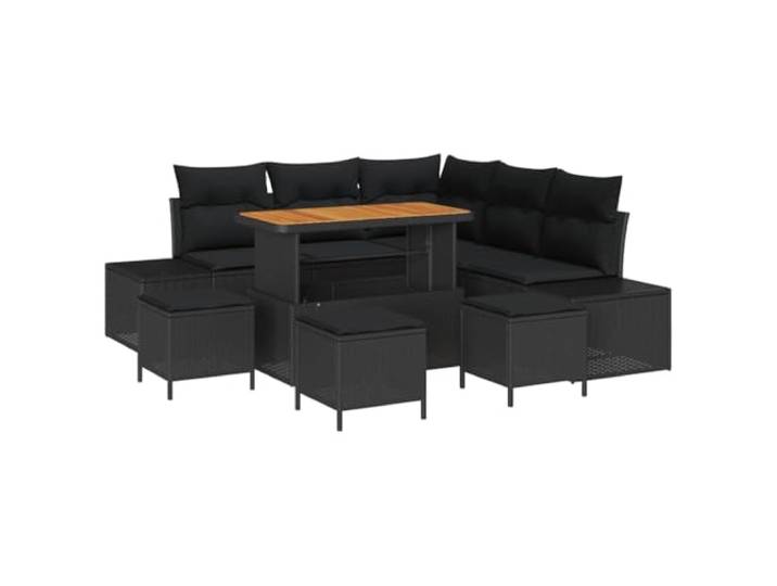 KTHLBRH Gartenmöbel-Set, 9-teilig, Polyrattan, Schwarz Modulare Sessel, abnehmbare Kissen mit Reißverschluss, Tischplatte aus Akazienholz, pulverbeschichteter Stahl