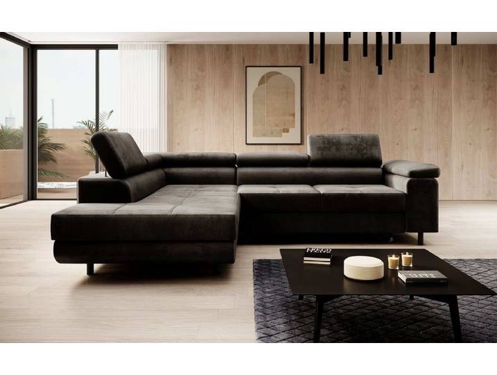 Designer Ecksofa Costa mit Schlaf- und Klappfunktion aus Samt - Dunkelbraun - Links - Luxusbetten24