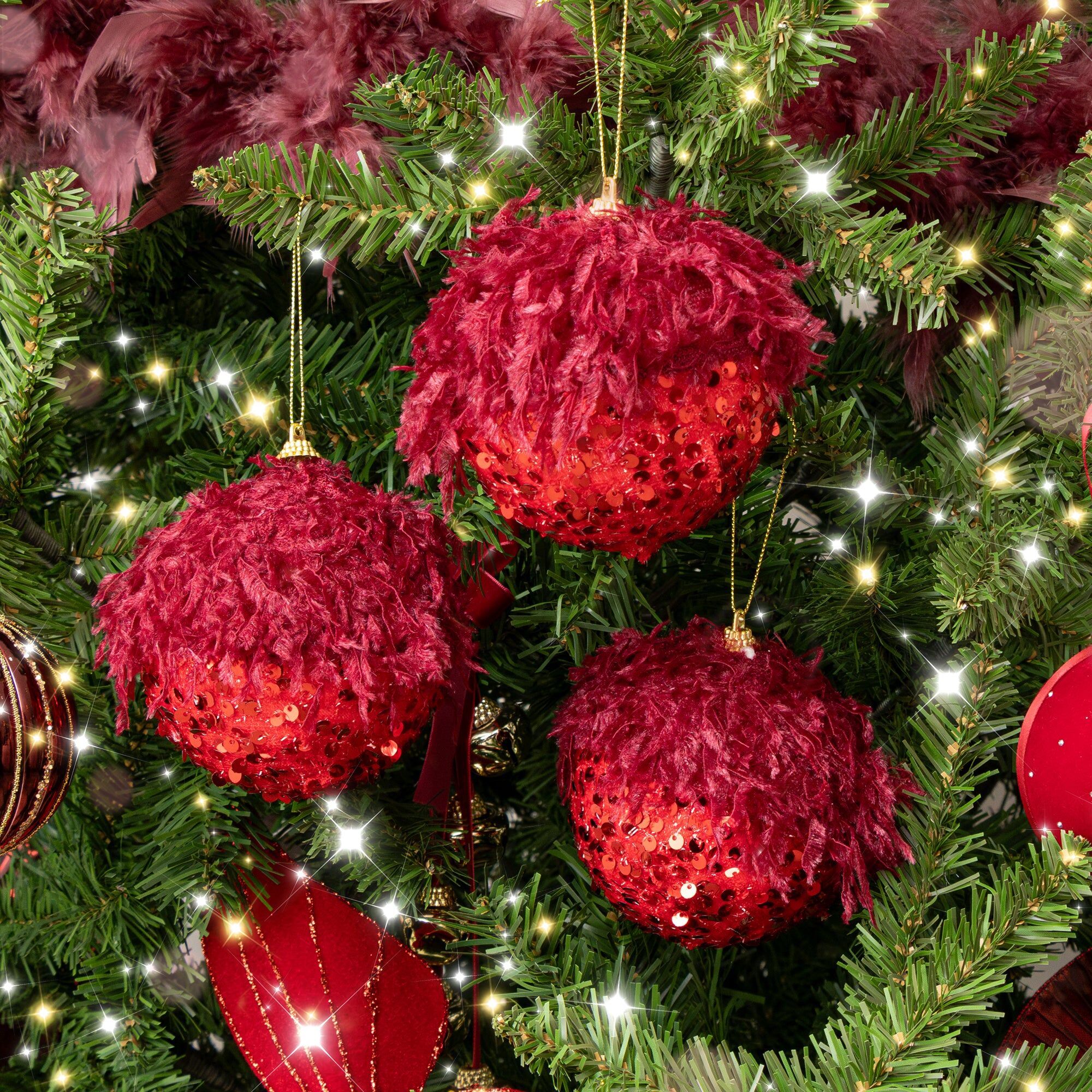 Set of 3 Large Round Red Seaquin & Feathered Top Baubles Polystyrene, Sequins, Thread, Fabric, Resin