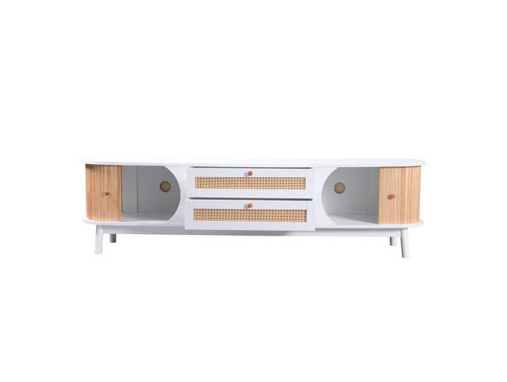 Sweiko Lowboard (TV-Schrank mit 2 Schubladen und 2 Schiebetüren, Rattan-Schubladen,Massivholzfüße), 170 x 39,5 x 46 cm