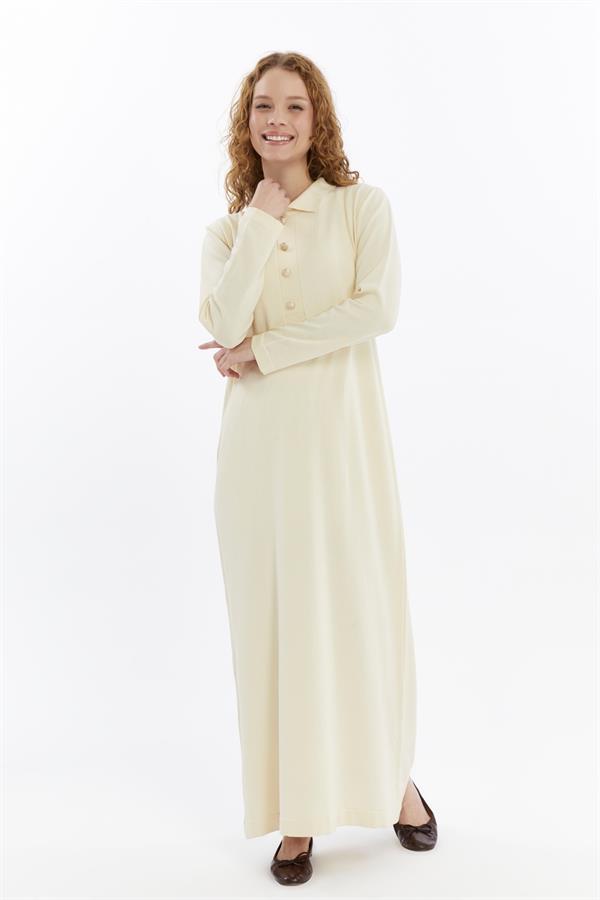 Dames Overhemd Kraag Detailed Half stolp Thin Seasonal Cold Yarn Gebreide kleding Jurk Ecru