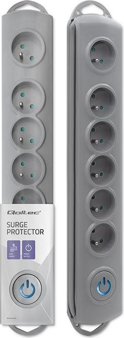 Qoltec 50166 overspanningsbeveiliging met 6 stopcontacten, grijs, 3 meter