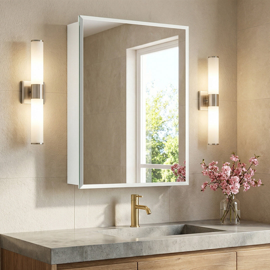 Blue Elephant Rectangular Beveled Frameless Mirror Cabinet, Wall Mounted Cabinet For Bathroom Toilet Kitchen,Recess Or Surface Mount Installation Stainless Steel 660 mmH × 410mmW
