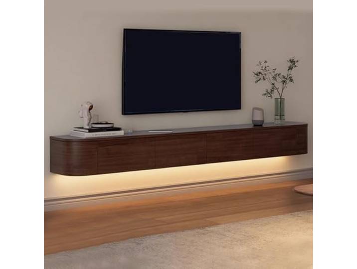 SZKTHD Schwebender TV-Schrank, Wohnzimmer, Wandmontage, TV-Einheit, Gummi-Holz, großer Aufbewahrungsschrank unter der TV-Medienkonsole (Braun (mit Licht), 220 cm