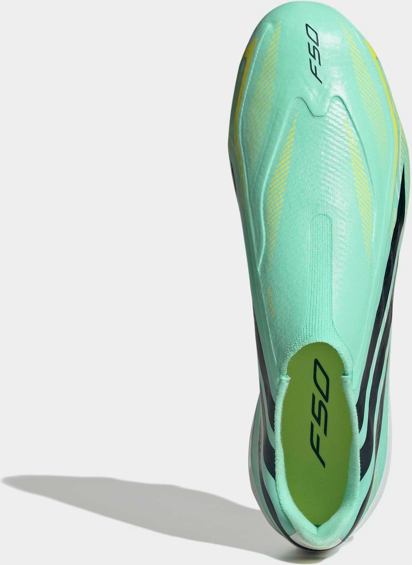 Fussballschuh ADIDAS PERFORMANCE "F50 HYPERFAST LEAGUE, FESTE BÖDEN, OHNE SCHNÜRSENKEL", Gr. 47, pulse mint, night navy, solar lemon, Synthetik, Textil, Schuhe Fussballschuh, Aussensohle für Rasen und feste Böden pulse mint, night navy, solar lemon 47