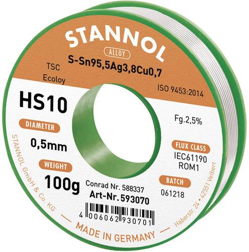 Stannol HS10 2510 Lötzinn, bleifrei Spule Sn95,5Ag3,8Cu0,7 ROM1 100g 0.5mm