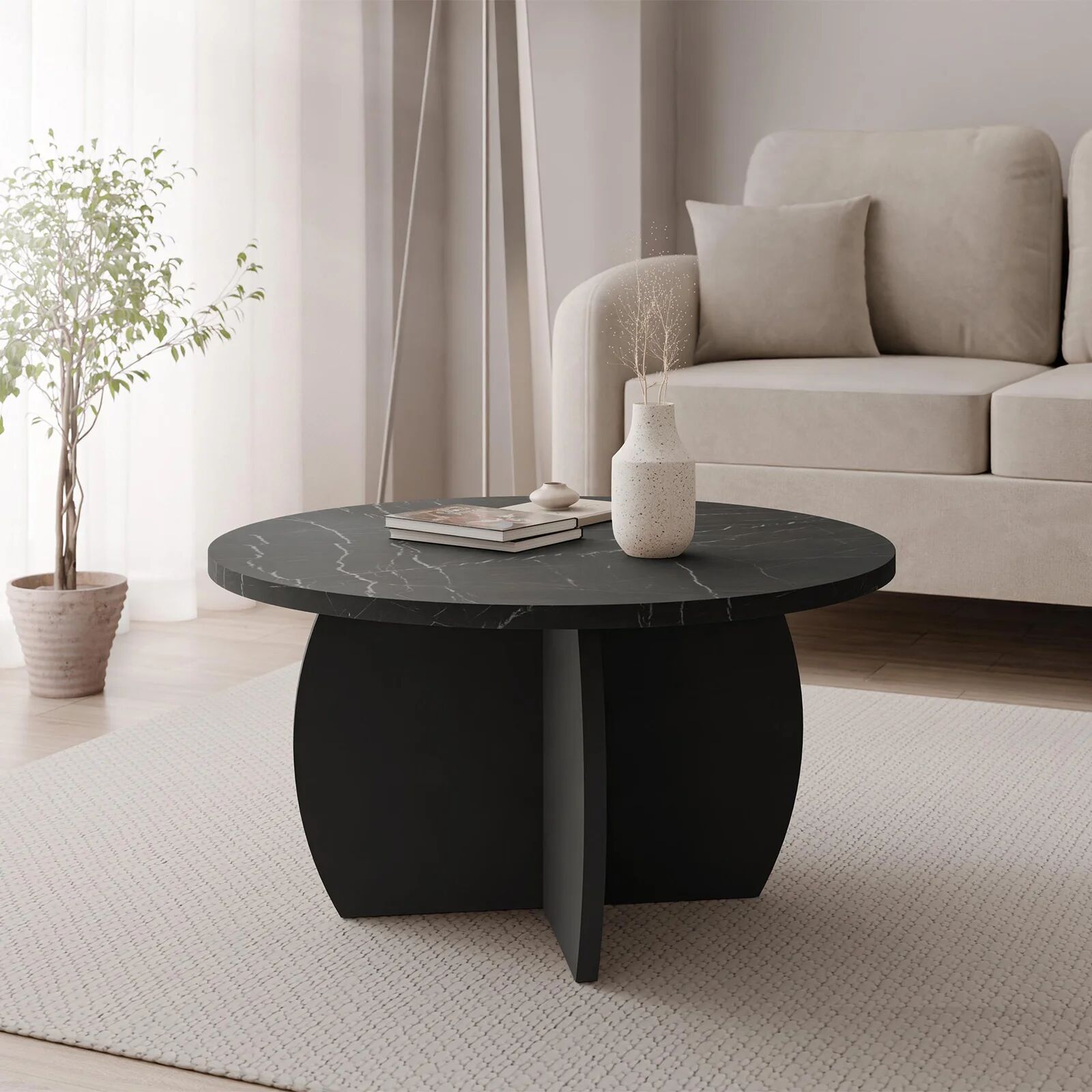 garneroarredamenti Tavolino da salotto 74x74cm rotondo effetto marmo nero Koda