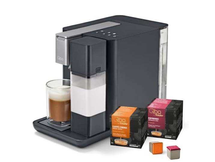 Tchibo Qbo Kapselmaschine, MILK MASTER, Gentle Grey, inkl. 16 Kapseln Premium Kapselmaschine für Milchspezialitäten, Espresso, Caffè Crema und Caffè Grande, PressBrew Technologie