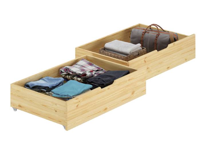 Doppelbettkasten 2 Bettschubladen Kiefer massiv mit Rollen