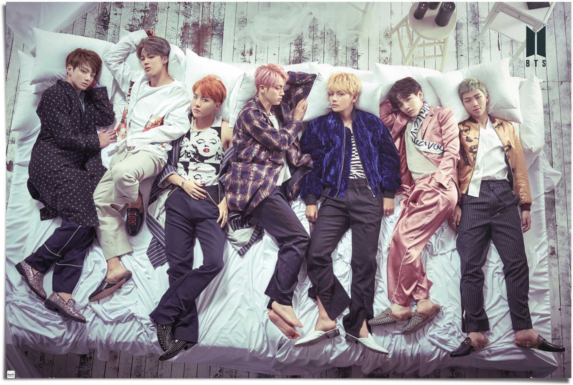 Reinders! Poster REINDERS "Poster BTS Bett - Band - Bangtan Boys", bunt (farbe bild(er): mehrfarbig), B:91,5cm H:61cm, Papier, Bilder, Poster
