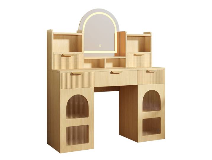 Coiffeuse effet bois naturel avec LED, miroir, 3 tiroirs & 2 vitrines